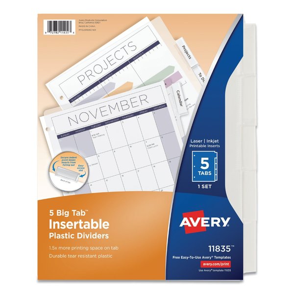 Avery Insertable Big Tab Plastic Dividers, 5-Tab, 11 x 8.5, Clear, 1 Set 11835